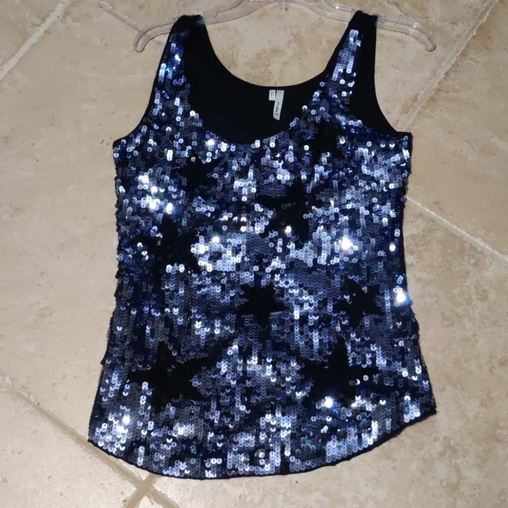 Sequined blue top with black stars